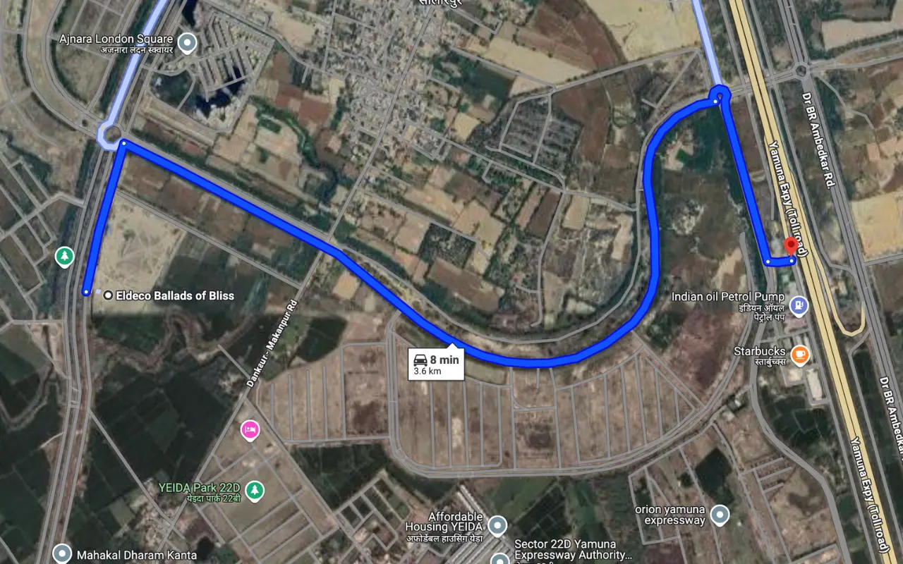 A screenshot from Google Maps for Eldeco Ballards, Sector 22D, Yamuna Expressway location and distance from Yamuna Expressway, which is showing 3.6km & 8 min drive.