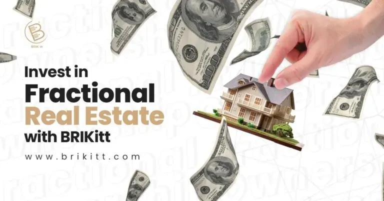 Hand placing a coin on a miniature house surrounded by floating dollar bills promoting fractional real estate investment with BRIKitt.
