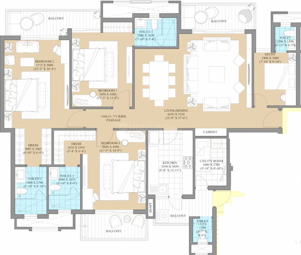 3BHK floor layout of ATS Kingston Heath, Sector 150, Noida