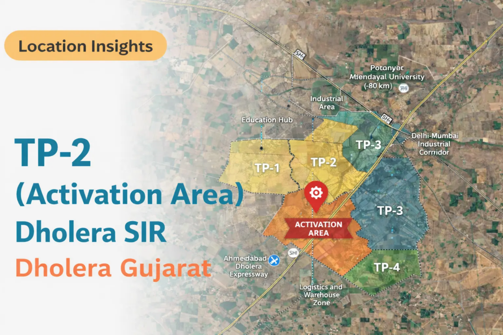 Dholera SIR TP-2 Activation Area map showing the Dholera plot scheme zones TP-1 to TP-4 near the Ahmedabad-Dholera Expressway