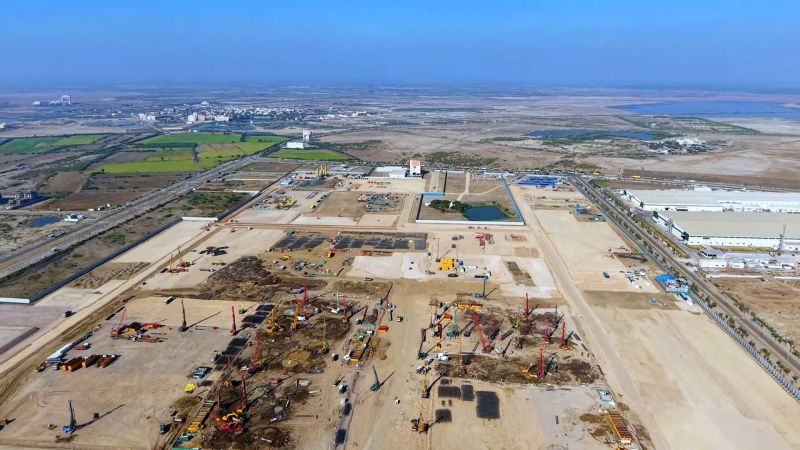 Aerial view of the Tata Electronics semiconductor fab construction site inside Dholera SIR